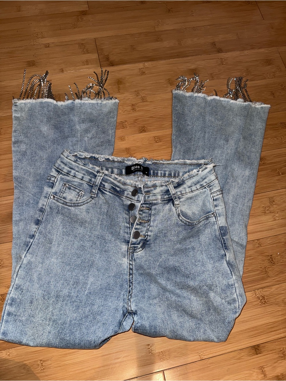 Light Blue High-Rise Button-Fly Cropped Jeans with Fringe Hem